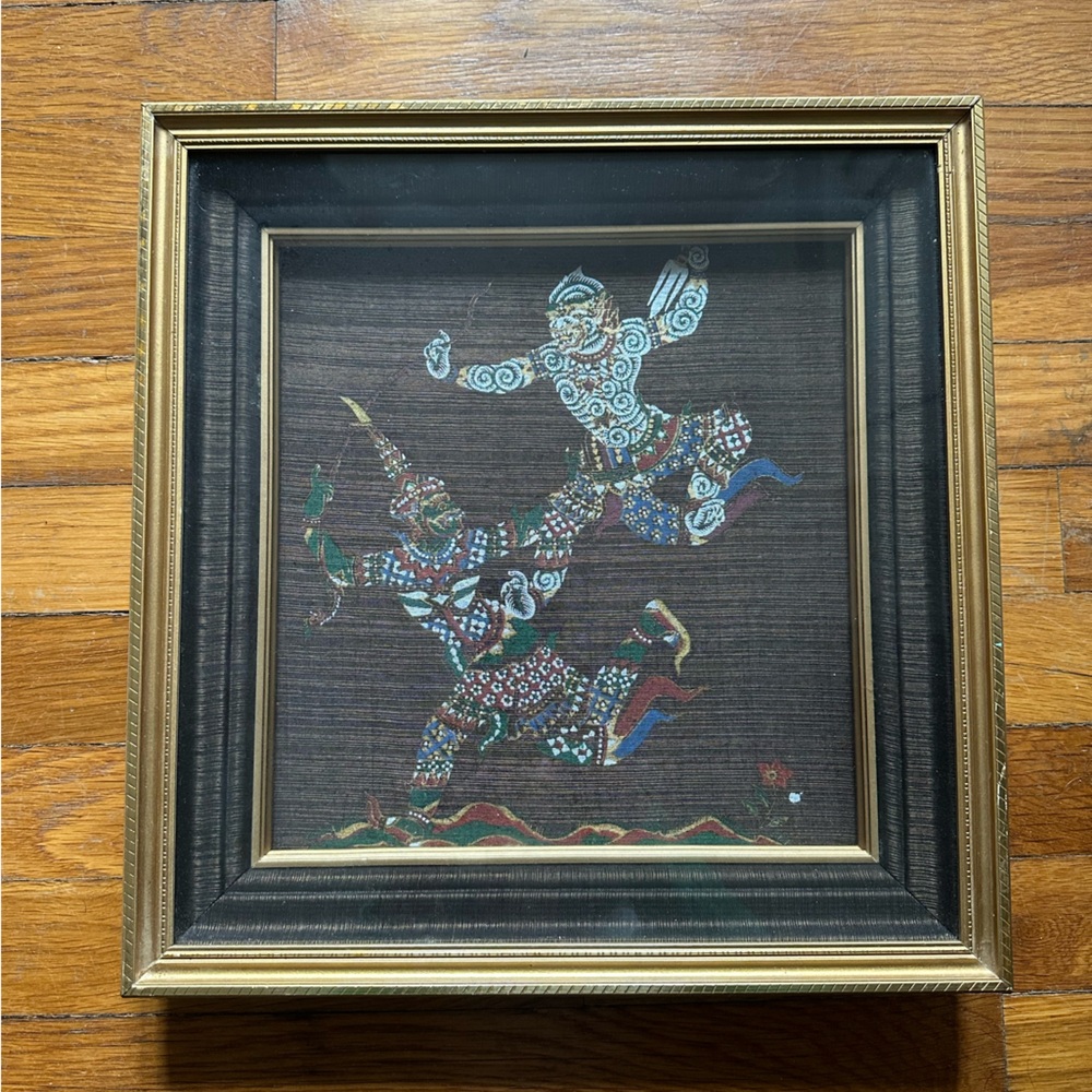 Vintage framed Thai Ramakien silk painting Thai shadow puppet